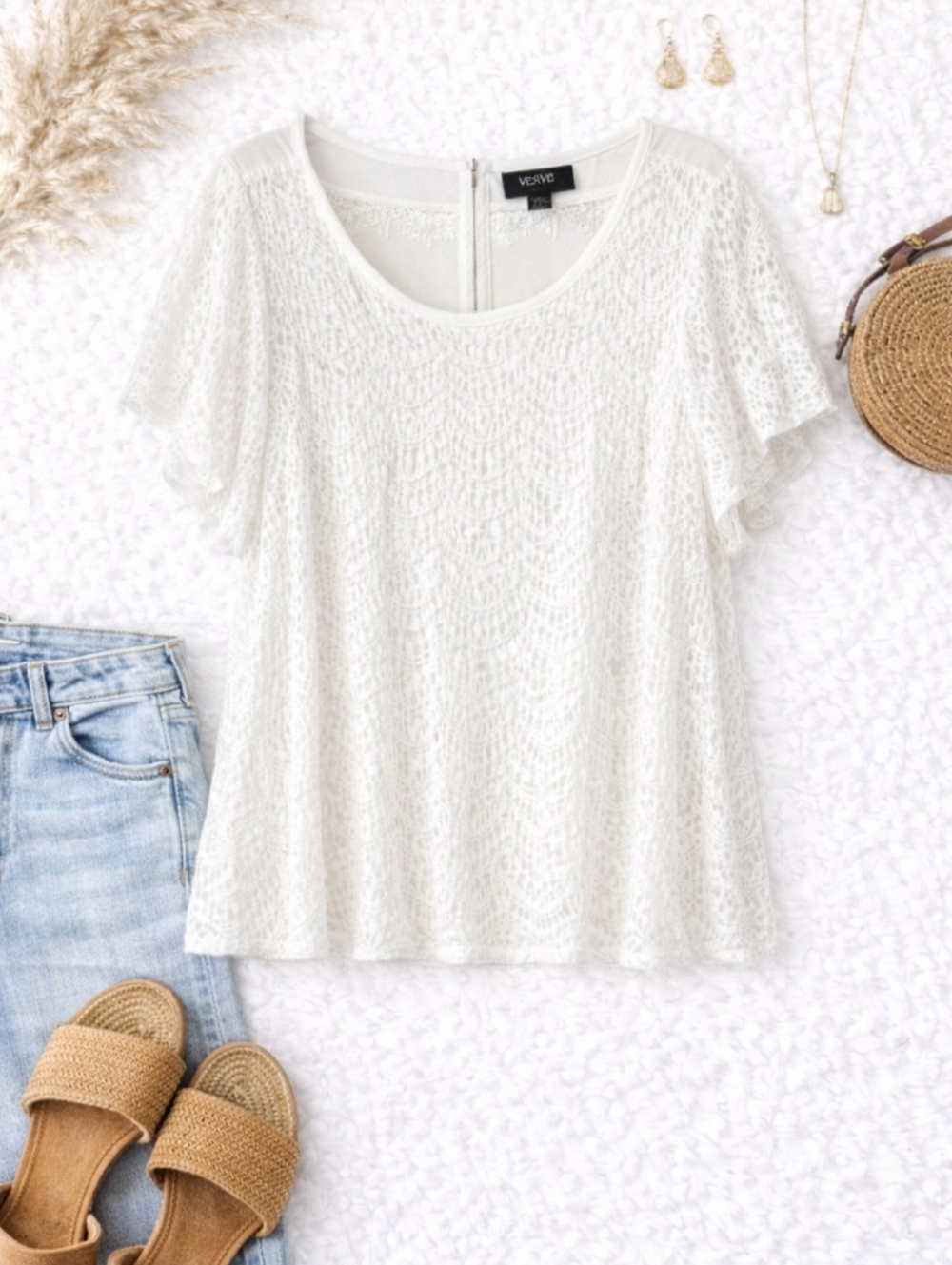 Verve Ami White Lace Scoop Neck Top 1X Boho Romantic